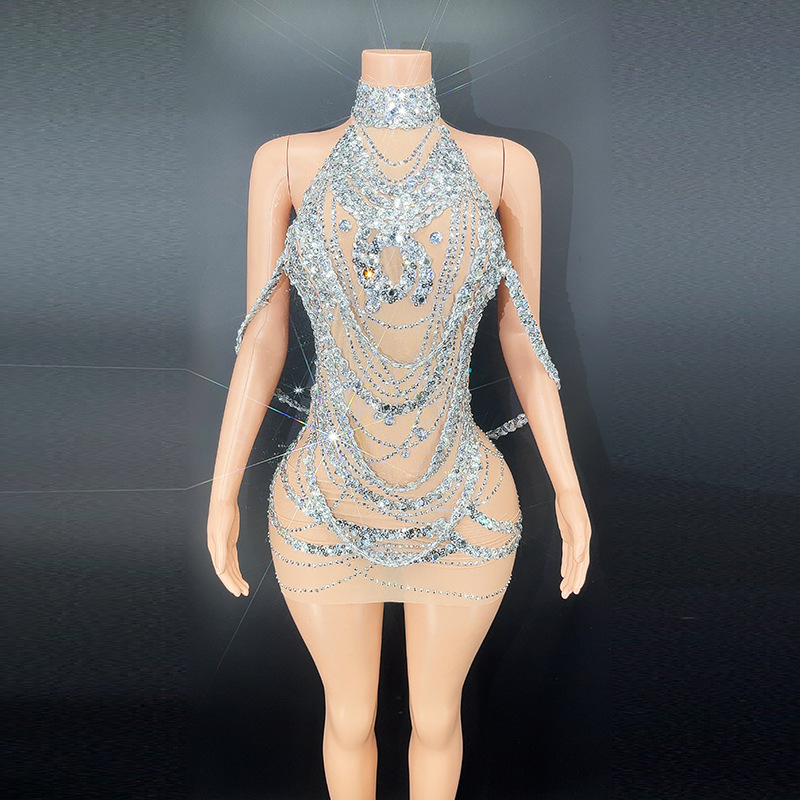 Embroidery Skirt - Gaun Prom perak berkilau seksi gaun