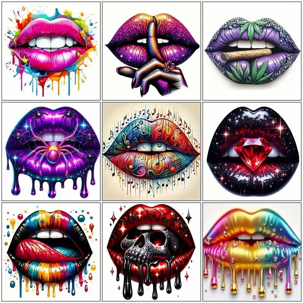 Embroidery Lips - Lukisan Berlian Bibir Mulut Bordir Persegi