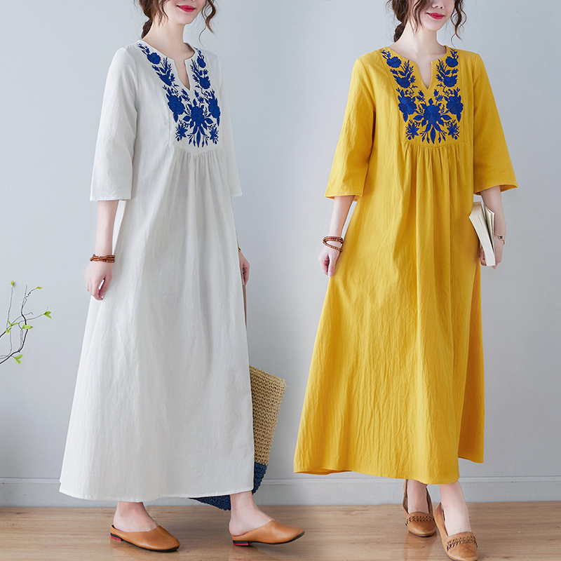Embroidery Skirt - Gaun Midi Katun Linen Bordir Gaya