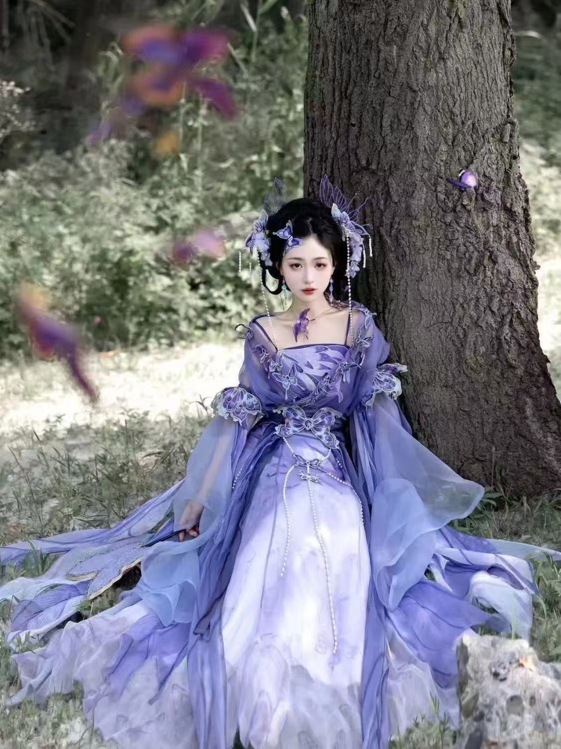 Embroidery Skirt - Hanfu Ungu Cina Asli untuk Wanita,