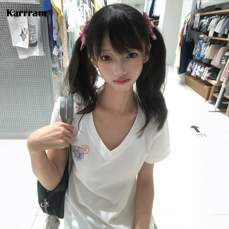 Embroidery White - Karrram Kaus Kerah V Y2k Jepang